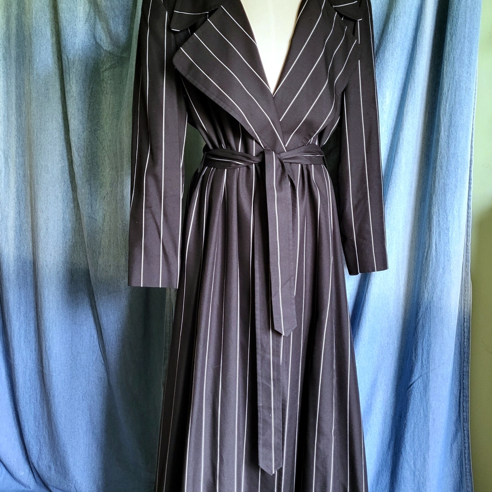 Ellen Tracy Black With White Pinstripes Trench Coat with Notched Collar